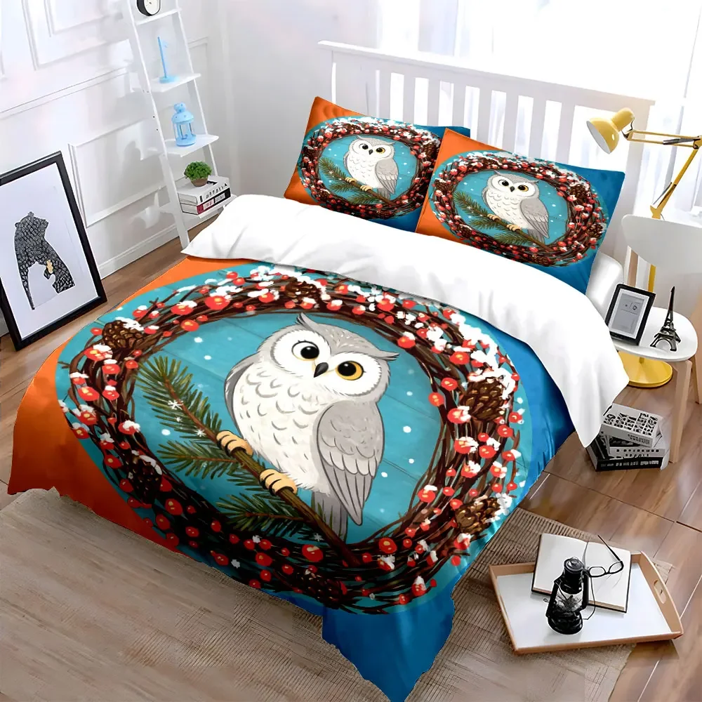 3Pcs Christmas Owl Bedding Set,White Snowy Owl in Winter Wreath Print Duvet Cover + 2 Pillowcases, Festive Wildlife Decor,gift