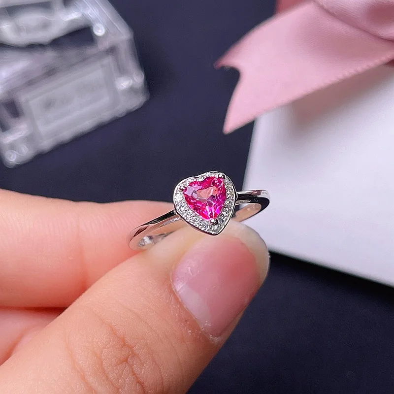 Pink Topaz Women Adjustable Size  Ring 925 Silver  Heart Shape Cute Girl Lady Birthday Gift