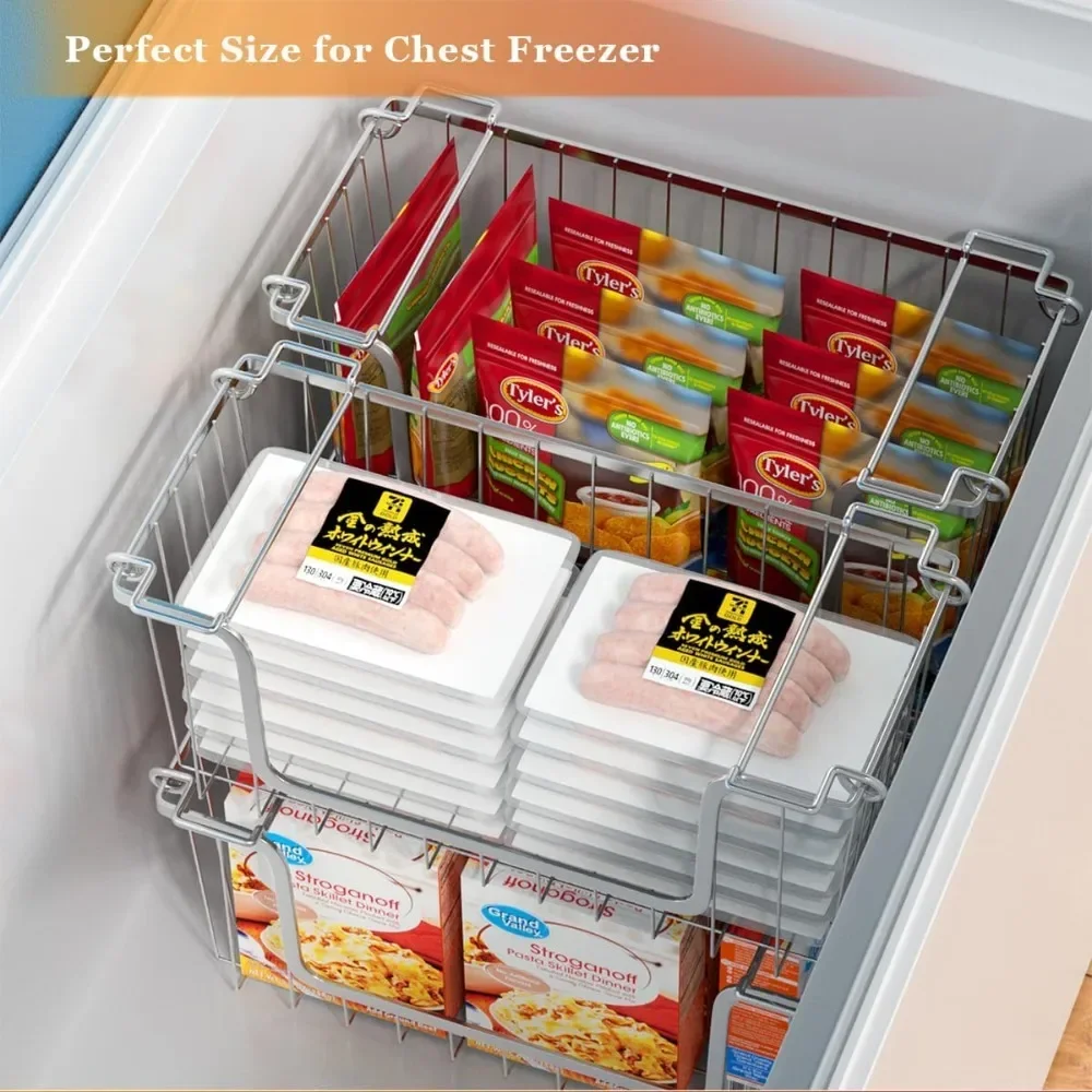 Freezer Organizer Bins Stackable Chest Metal Wire Kitchen Pantry Storage Open Front Deep Freezer Baskets Set of 4