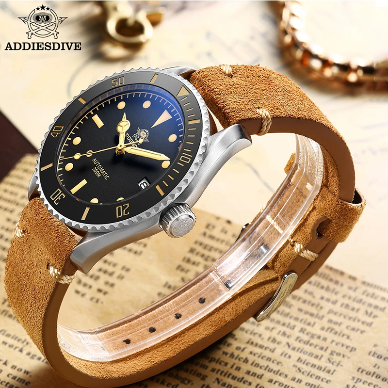 

ADDIESDIVE Luxury Men's Watch NH35 Automatic Vintage Leather Strap Date Display Sapphire Glass C3 Super Luminous Analog Watch