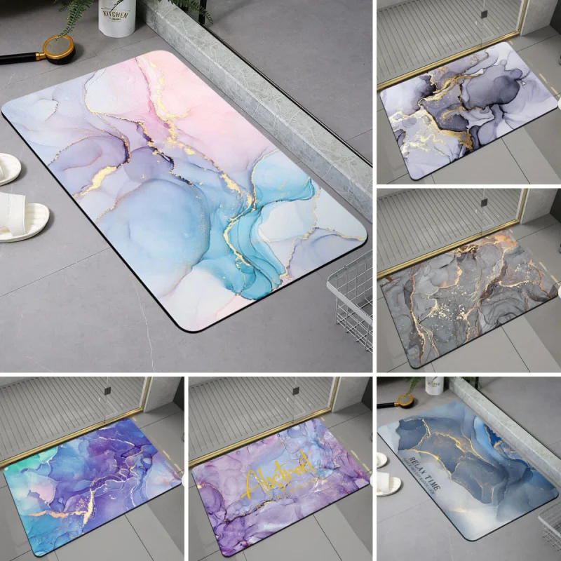 Modern Marble Printed Bath Mat Super Absorbent Entrance Carpet Non Slip Washable Shower Room Footpad Household Bathroom Rugs