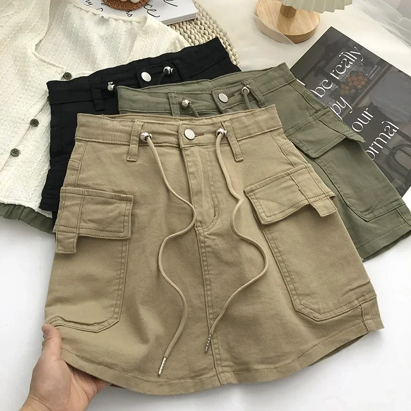 Caofeimao Drawstring High Waist Mini Skirt Women Streetwear Big Pocket Cargo Skirt Woman Fashion 2023 Short A Line Skirts Mujer