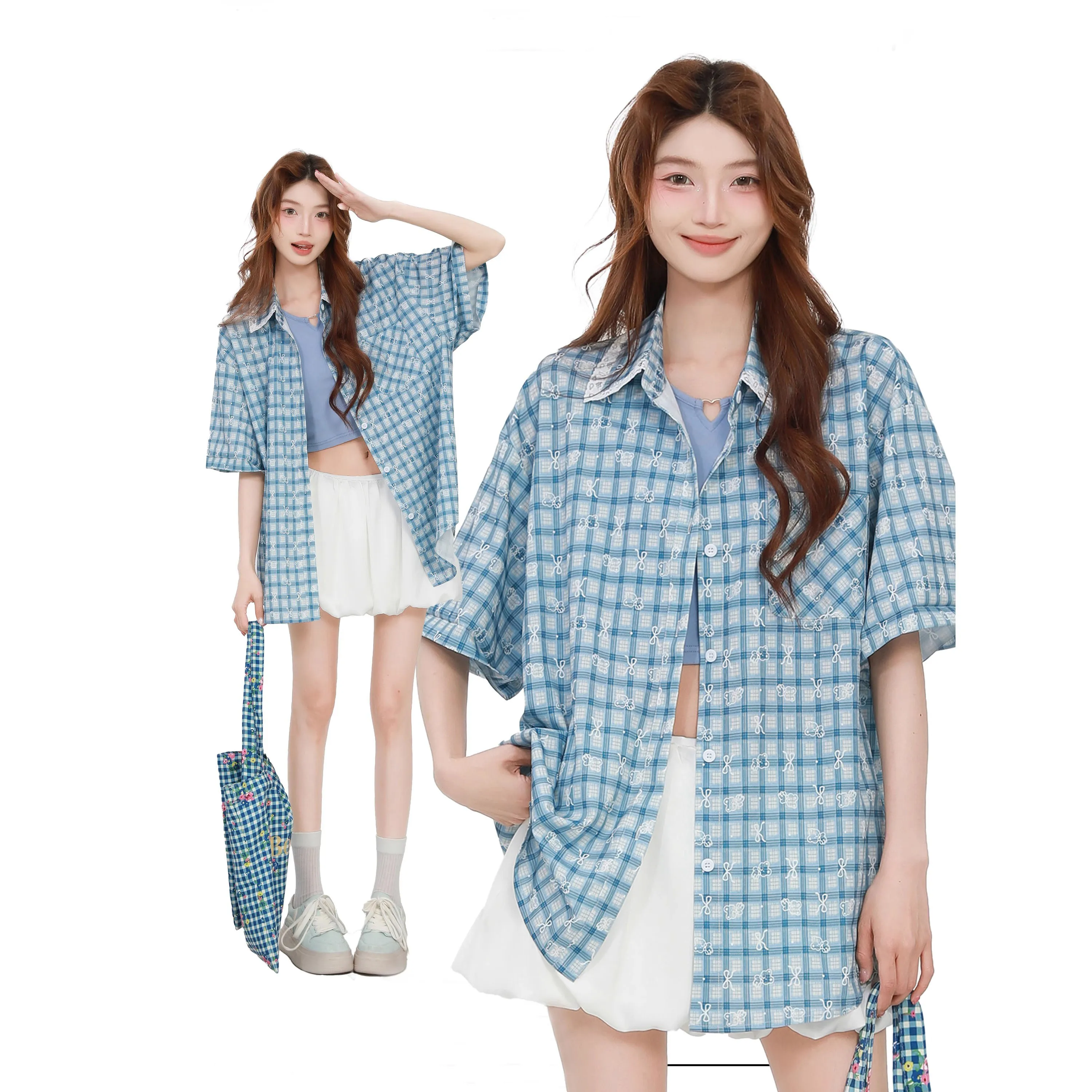 

Blue Polka Dot Print Short Sleeve Shirt Women's Summer New Style Korean Loose Lazy Style Half Sleeve Trendy Top Sweet Style
