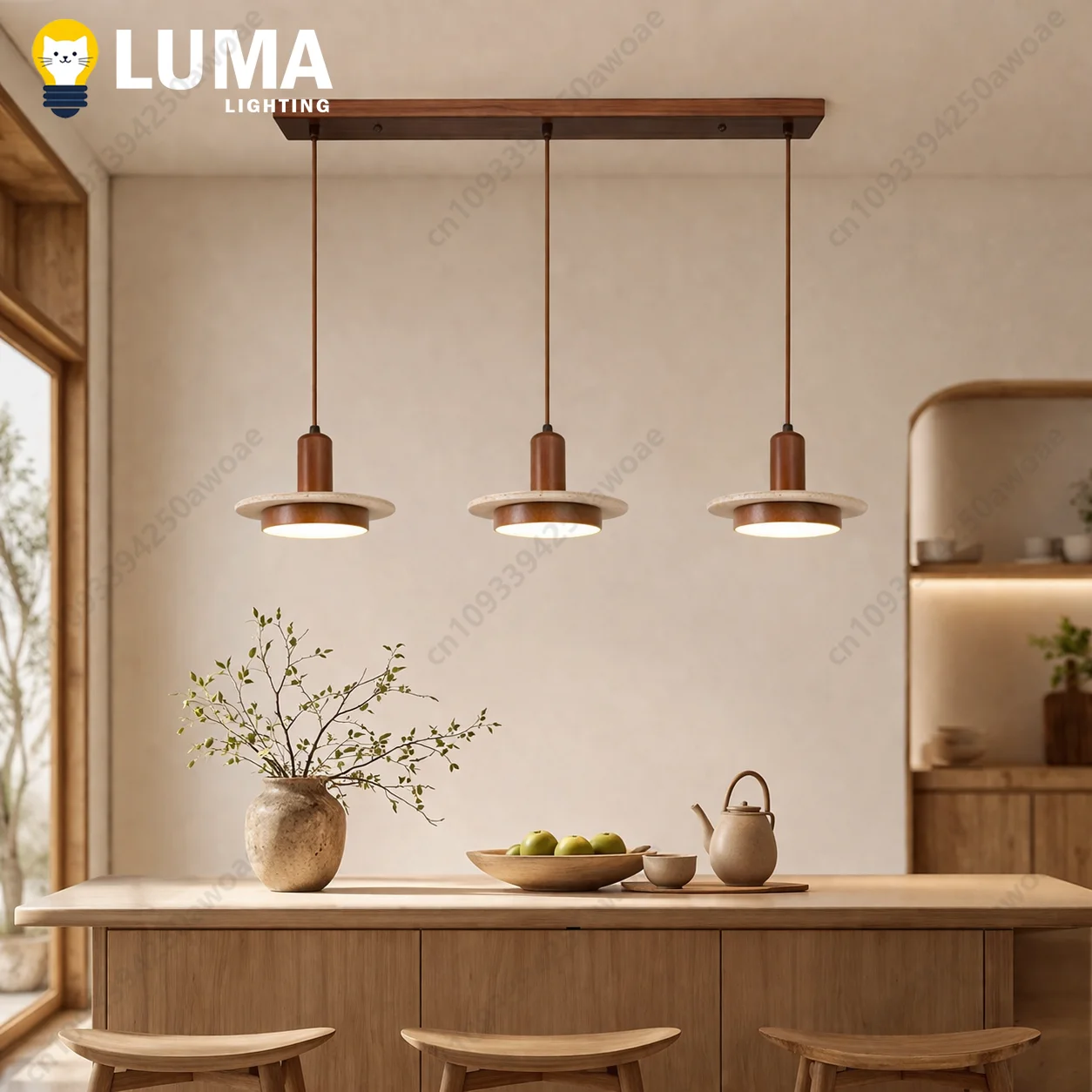 Kitchen Island Pendant Light Natural Travertine Stone Japandi Wabi Sabi Dining Table Hanging Lamp LED E27 Bar Ceiling Light - view 2