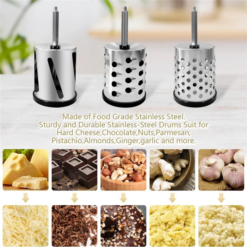 

A76X-Rotary Manual Cheese Grater Stainless Steel Cheese Shredder Grater With 3 Interchangeable Drum Blades Walnut Grinder