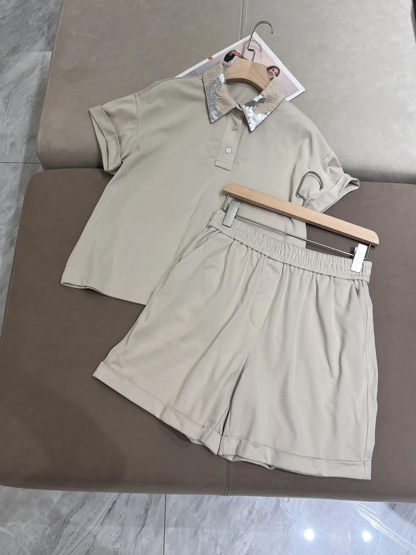 Summer Women's Shorts Suit Sequins Lapel Embroidered Polo Shirt Pullover Top + Elastic Waist Shorts 2 Piece Set