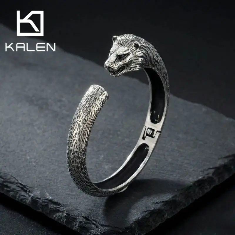

KALEN Men's Wolf Head Stainless Steel Open Ended Bangle Minimalist Hammer Pattern Punk Bracelet Fashion Jewelry Party Gifts