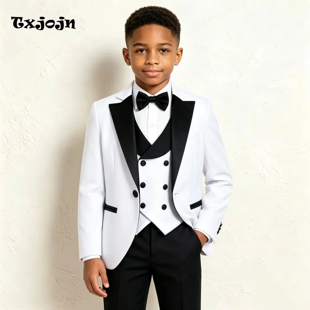 Formal Suit for Boys Peak Lapel Wedding Tuxedo 3 Piece Color Block Jacket Pants Vest Kids Blazer Set Slim Fit Tailored Outfit