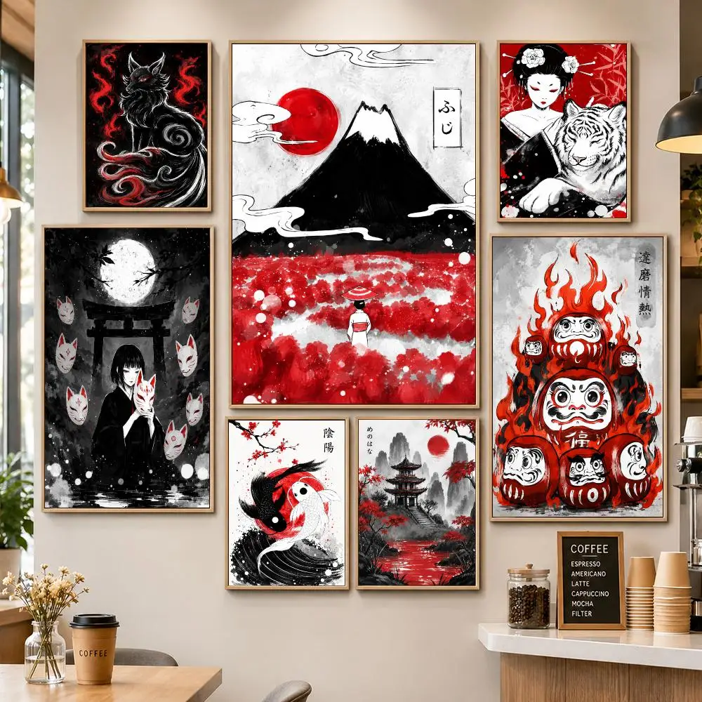 Art Japanese Ink Red Black Zen Nature Minimal Poster HD Wall Decor Apartment Dorm Office Cafe Bedroom Home Gift