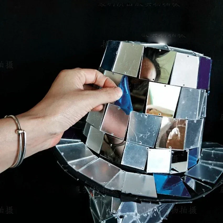 Cappello con paillettes argento Maschera Bar GOGO Puntelli Cappello da prestazione Cosplay Specchio per feste Uomo Donna Berretto da ballo e maschere Palcoscenico da ballo