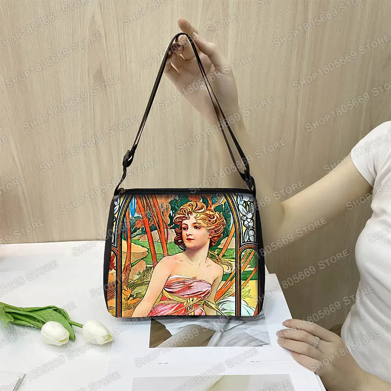 Oil Painting By Alphonse Mucha Print Handbag Beauty Ladies Causal Shoulder Bags for Travel Tote Bag Portable Shopping Bags Gift