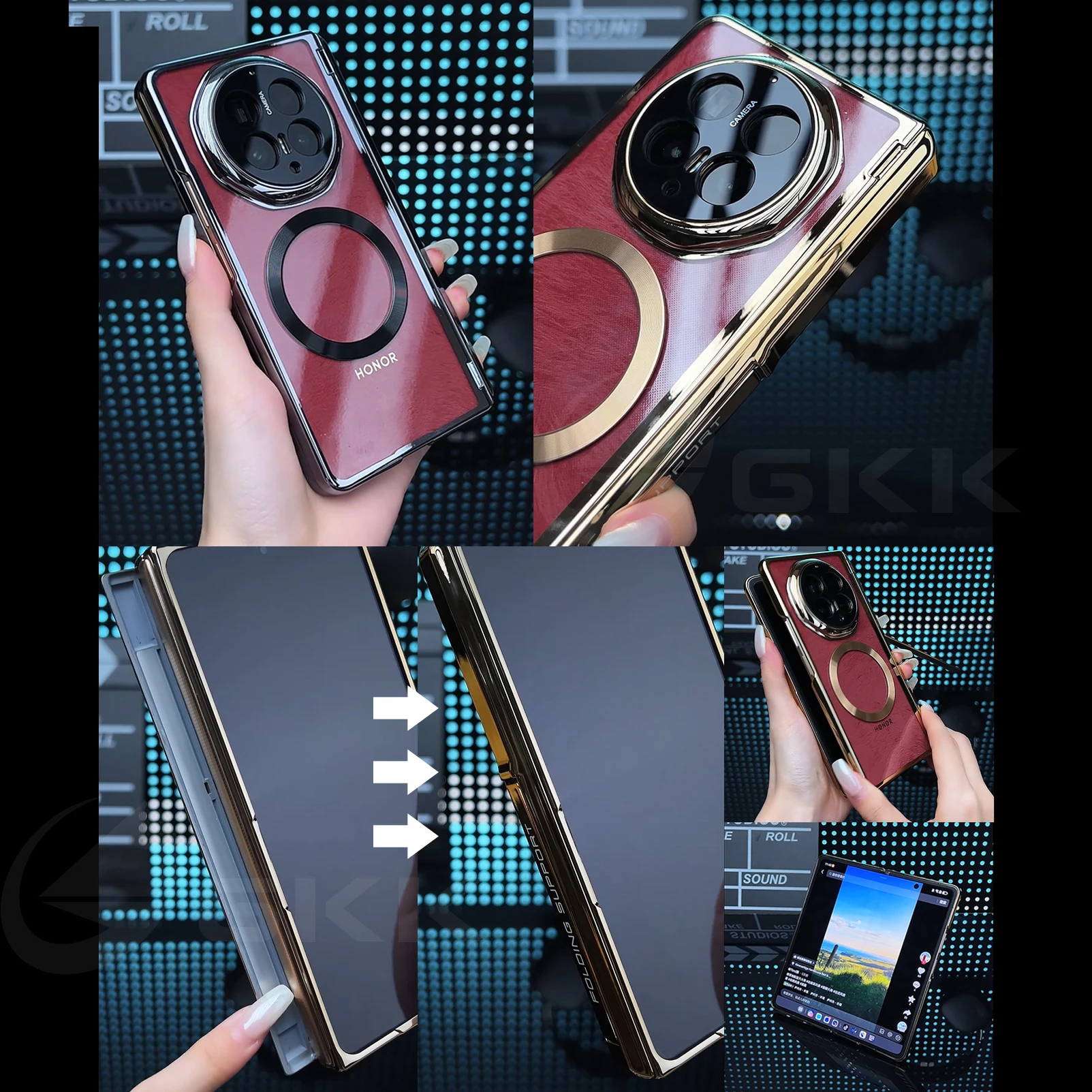 Magnetyczne etui z zawiasem i powłoką galwaniczną do Honor Magic V6, szkło ochronne na ekran, bezprzewodowe ładowanie, plastikowa przezroczysta obudowa do Magic V5. — zdjęcie produktu 3