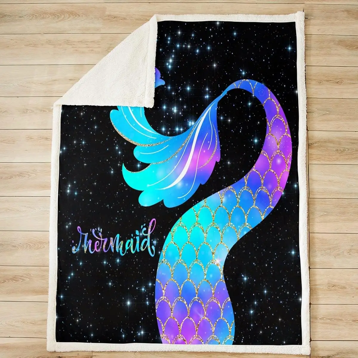 Mermaid Throw Blanket Galaxy Blue Purple Mermaid Tail Print Blanket for Couch Sofa, Marine Life Bed Blanket for Kids