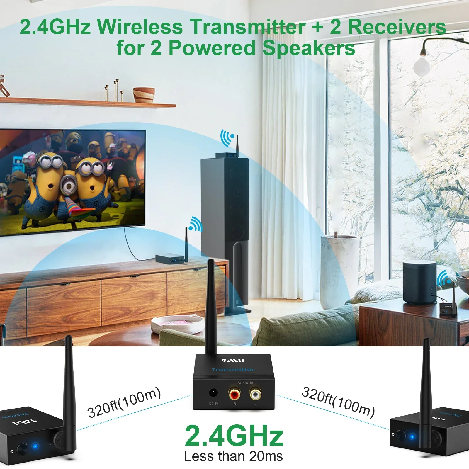 

2026 4. 1Mii 2.4G Wireless Audio Transmitter and Receiver 100m Long Distance No Delay 192K/24bit HiFi 1 TX + 2 RX Set for TV/Spe