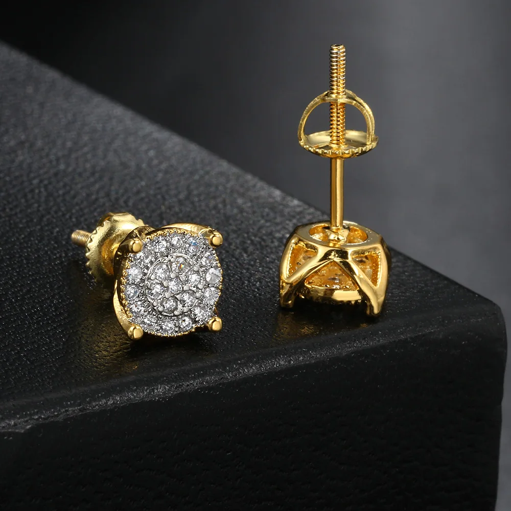 Hip Hop Men\'s Earrings Iced Out Zircon Gold Color Punk Simple 4 Claws Round Screw Ear Studs Rock Jewelry Gifts OHE181