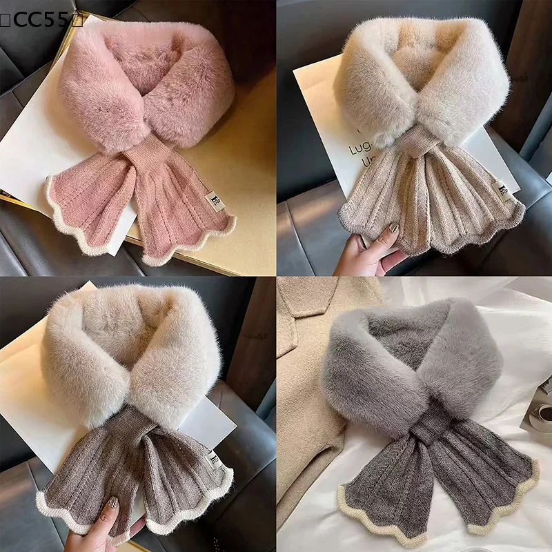 Winter-Plüschschal, dicker Schal mit Kunstkaninchenfell, gestrickter Kreuzschal für den Außenbereich, Radfahren, winddicht, Nackenschutz, Nackenwärmer〔CC55〕