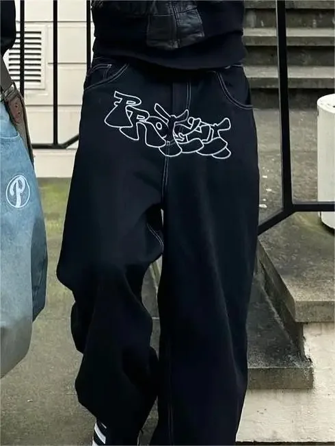 

American Sle High Waist Men's Casual Denim Pants Baggy Loose Fit Hip Hop Print Trendy Faion Long Trousers Blue