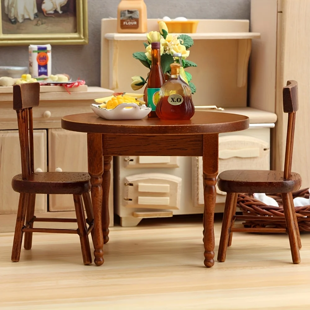Wooden Round Tables and Chairs 1:12 Mini Dollhouse Accessories, Perfect for Halloween, Christmas, Valentine's Day, Thanksgiving