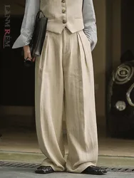 [LANMREM] Korean Version High Waist Linen Wide Leg Pants For Women Fashion Straight Streetwear Female Trousers 2024 Autumn New