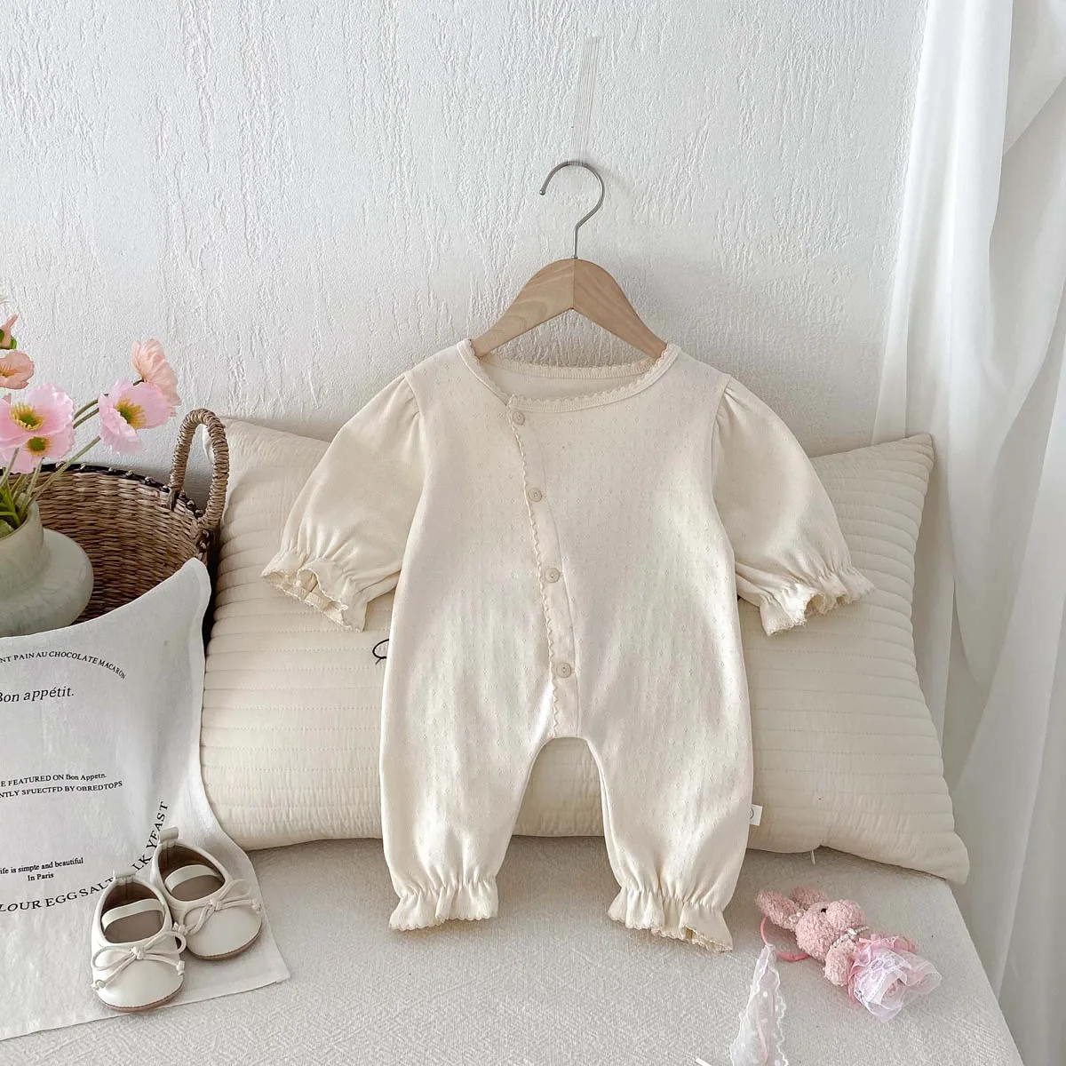 جمبسوت بناتي بأكمام طويلة مزهر ، فستان قطني للأطفال ، فستان كاجوال لطيف ، ربيعي وخريفي ، على الطراز الكوري