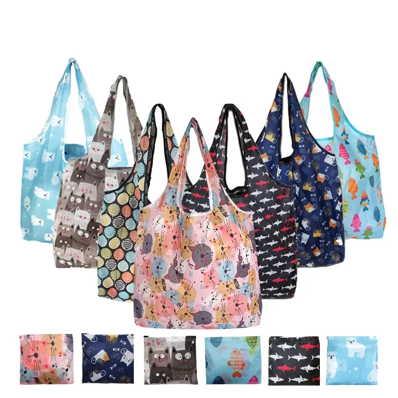 Cute Fish Cart Flower Print  Nylon Foldable Grocery Bag Reusable Shopping Storage Creative Eco-Friendly Tote Bag Lightweight