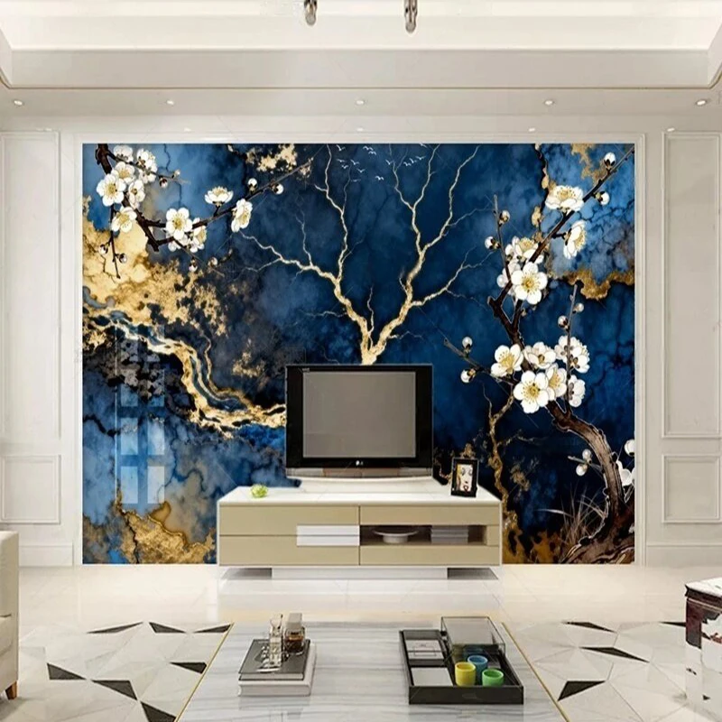 الحديثة الراقية ضوء فاخر الحبر الأزرق غرست بلاط رخامي مذهب زهر البرقوق التلفزيون الفاخرة ديكور المنزل ورق حائط الخلفية #2