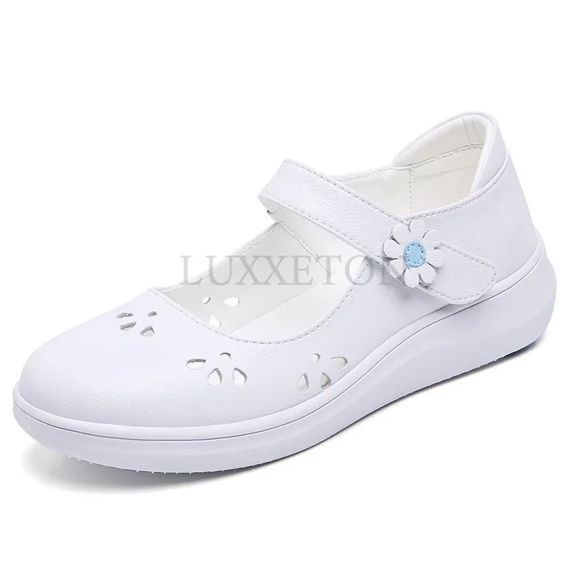 Genuine Leather Nurse Shoes for Women Comfortable Soft Sole Flat Sole Lightweight and Breathable Sloping Heel Small White Shoes