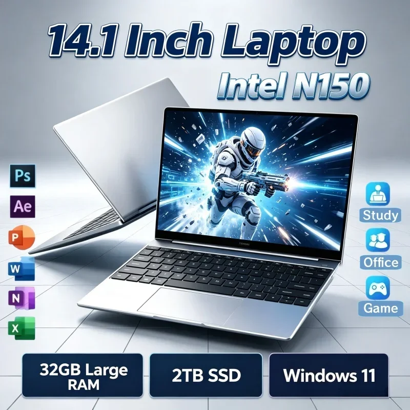 Ready‑to‑Use New 14.1 Inch Intel N150 Laptop Windows 11 32GB RAM 2TB SSD Portable PC Notebook For School Office Home Game