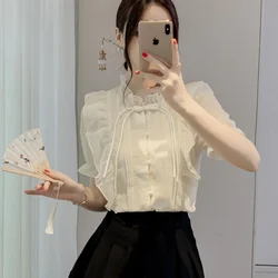 Women Summer Simplicity Slim Elegant Frog Ruffles Solid Color O-neck Short Sleeve Chiffon Shirts Ladies Casual All-match Top Tee