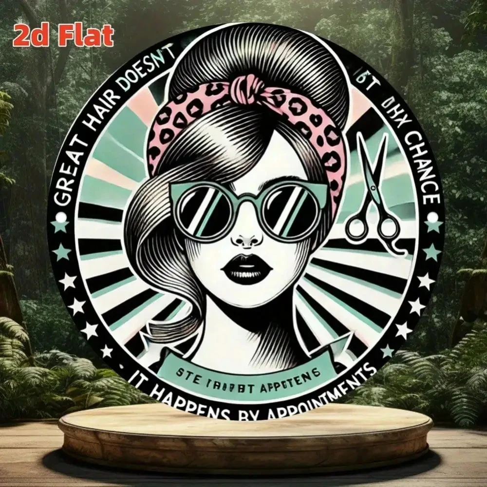 2D Flat High-Definition Metal Wall Art Vintage Pop Art Woman Wearing Sunglasses with Hairdressing Scissors Metal Sign Vintage Barber Shop