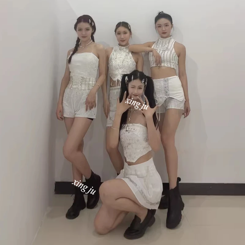 Kpop Women Group Clothing Korean Singer Costume White Crop Tops Shiny Tassel Shorts Jazz Dance Costume Y2K Concert Stage Outfits