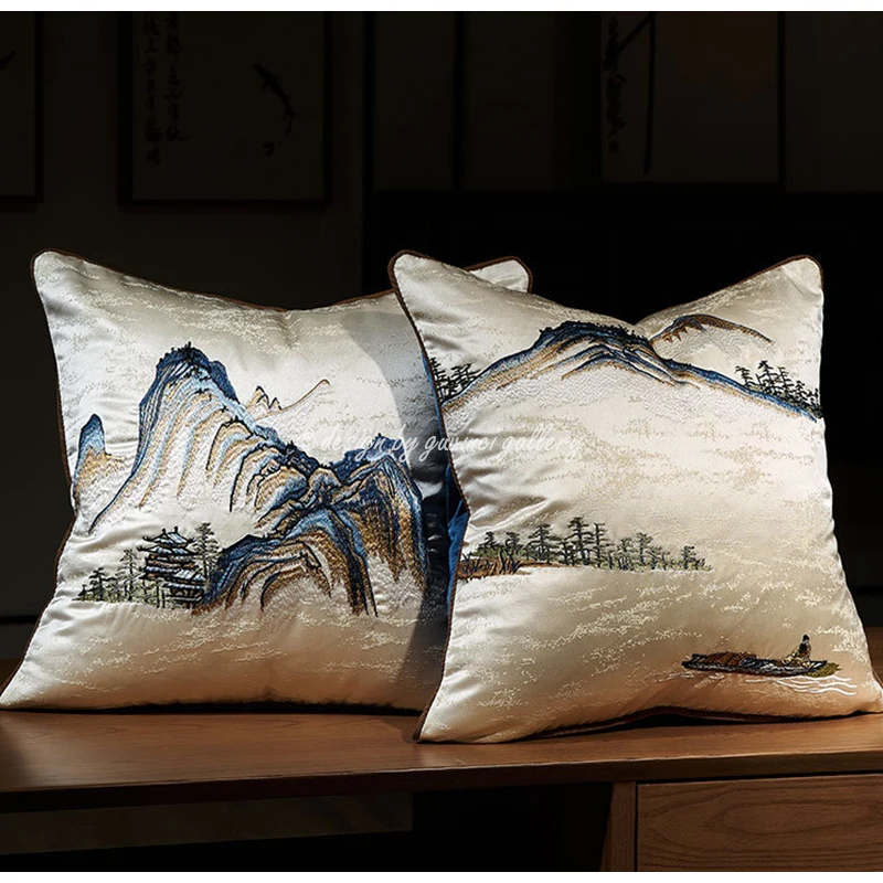 GUVINCI Chinoiserie Lumbar Pillow Cover Chinese Ancient Art Painting Landscape Mountains Embroidered Cushion Case For Couch Sofa