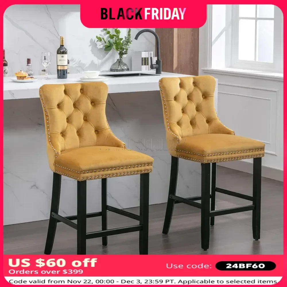 Bar Stool, with Button Tufted Nail Head Trim Rim Chair, 27.2'' Seat Height Barstools with Back, Set of 2 Bar Stool