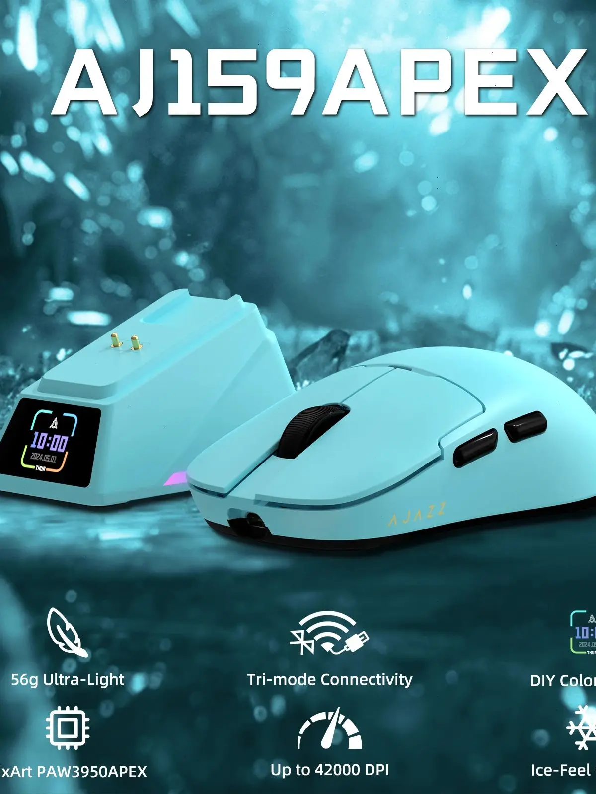 Souris de jeu AJAZZ AJ159APEX, 42 000 DPI, taux d'érollage 8000 Hz, station de charge magnétique RVB, LUMIÈRE 56 g, 2,4 G/BT/filaire