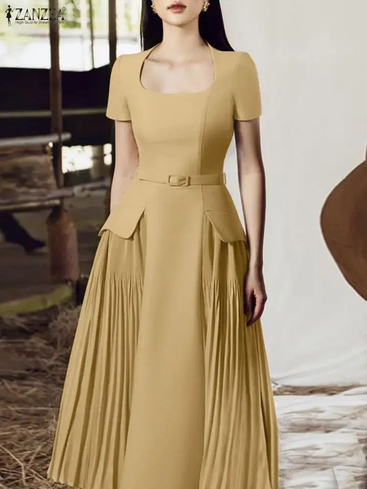 

2025 ZANZEA Elegant Women Party Dresses Short Sleeve Square Collar Midi Vestidos Summer Solid Belted Fashion Office Lady Robe