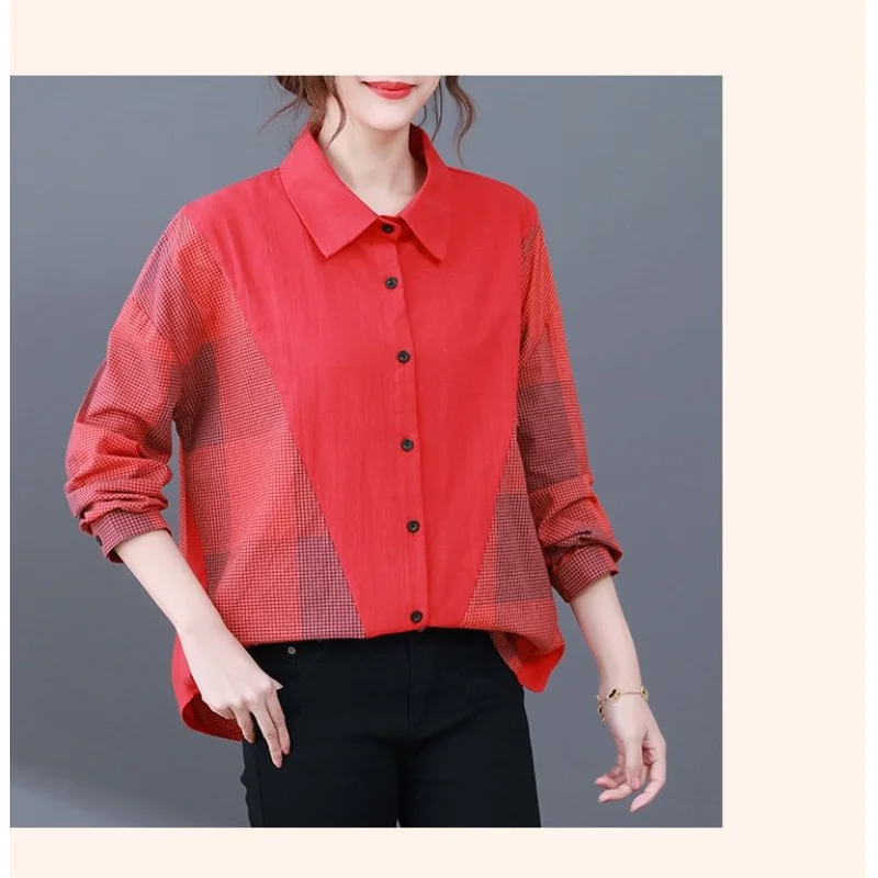 

Women's Spring and Autumn New Stitched POLO Collar Button Geometric Fashion Loose Versatile Casual Long Sleeve Shirts