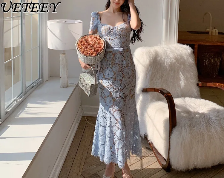 Frühling Sommer Neue Promi Temperament Elegante Square Neck Hohe Taille Dünnes Langes Kleid Spitze Kurzarm Fischschwanz Kleider