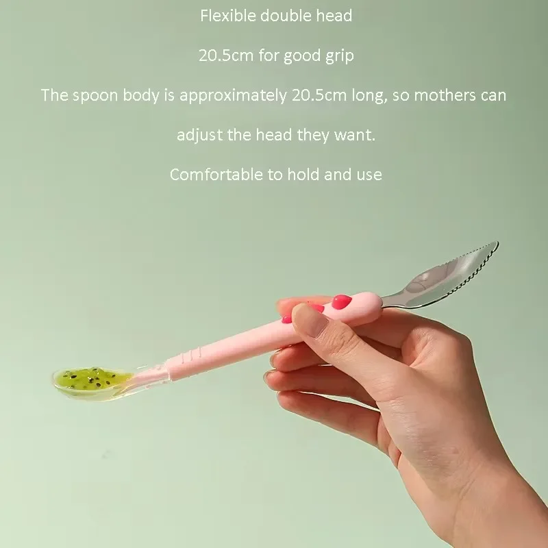 Baby Double Head Scraping Fruit Spoon Silicone Soft Baby Food Spoon Stainless Steel Double Head Puree Spoon For Children