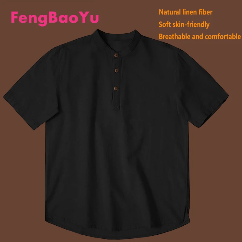

100% Natural Linen Men's Short Sleeve T-shirt Dark Green Standing Collar Simple Top Large Size Cool Breathable Outdoor Casual