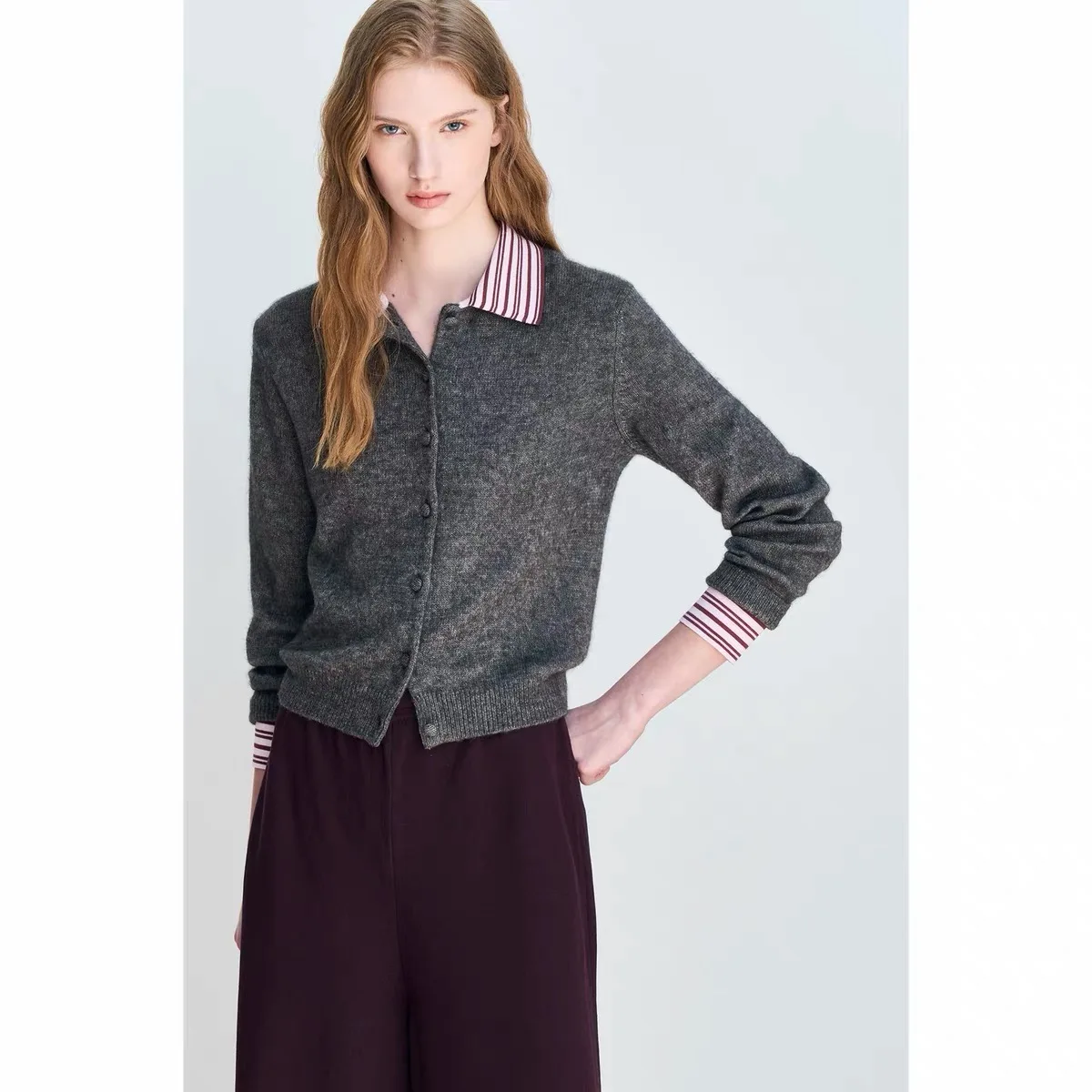 NingYao LAT26 Autumn Color Block Stripe Collar Splicing Fake Two-Piece Knitted Long Sleeve Open Cardigan Women's Commute Styl...