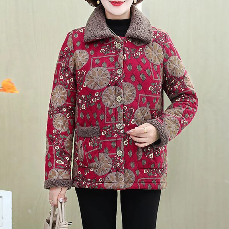 Middle Aged Elderly Women's Clothing Winter Fashion Printed Fleece Thick Warm Coat Casual Long Sleeve Loose Button Cotton Jacket