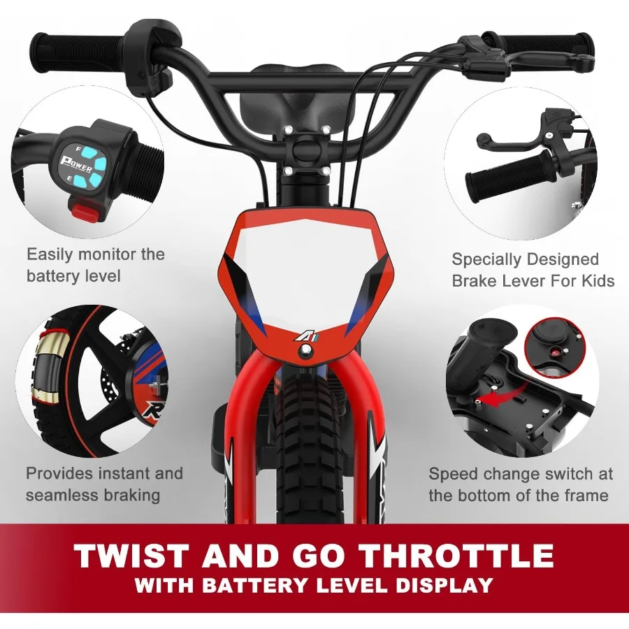 Lightweight Electric Dirt Bike for 170/340W Electric Motorcycle Up to 10/12MPH 24V Detachable Battery Hand-Operated Dual Brakes