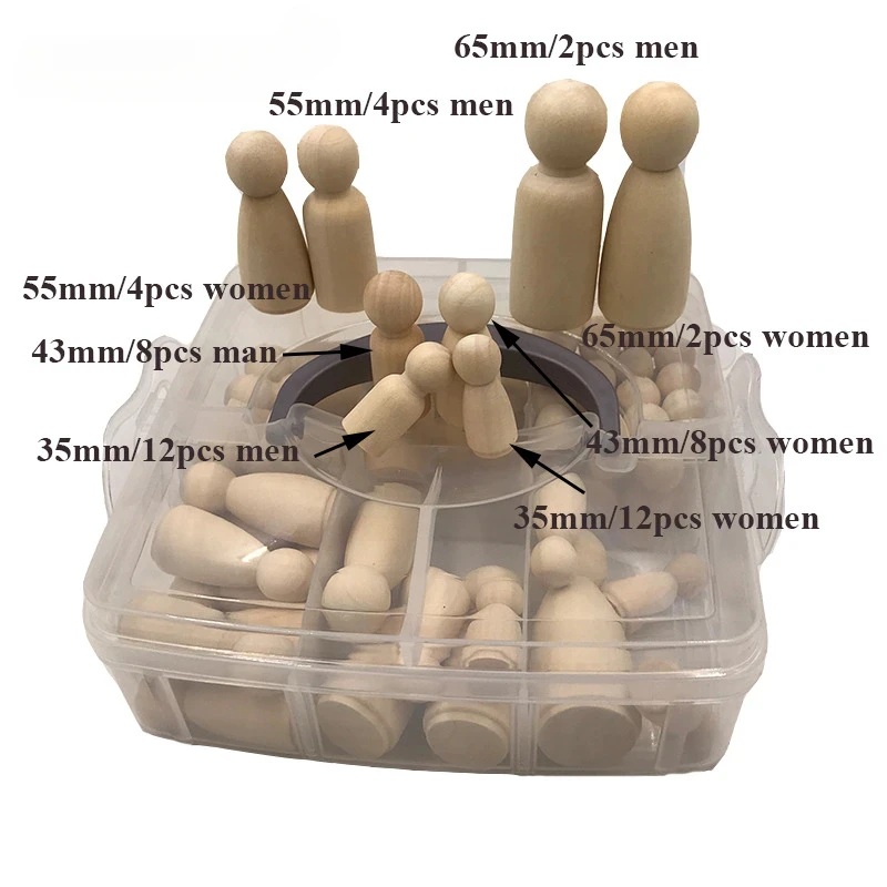 ABCPICK 52pcs Wooden Peg Dolls Maple Unpainted Kids Birthday Gifts Handmade Unfinished Weddings Cake Decor Toys Set