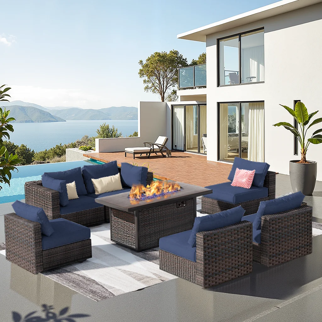 7 Piece Patio Furniture Sets with Fire Pit Table, All Weather PE Rattan with Cushions for Garden, Lawn, Backyard, Blue