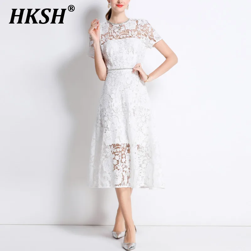 

HKSH Summer New Women Ins Trendy Light Luxury Elegant Fashion High-end Lace Diamonds O-neck Waist Cinching Slimming Dress HK6337