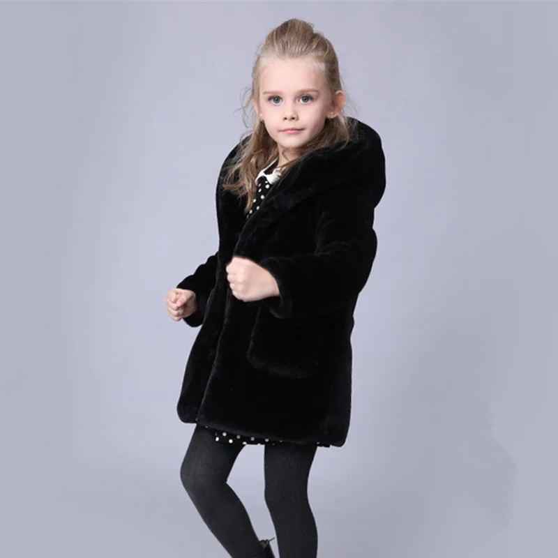 Girls Fur Coat Jacket Cotton Outwear Overcoat 2022 Black Warm Thicken Plus Velvet Winter Autumn Teenager Fuzzy Children\'s Clothi