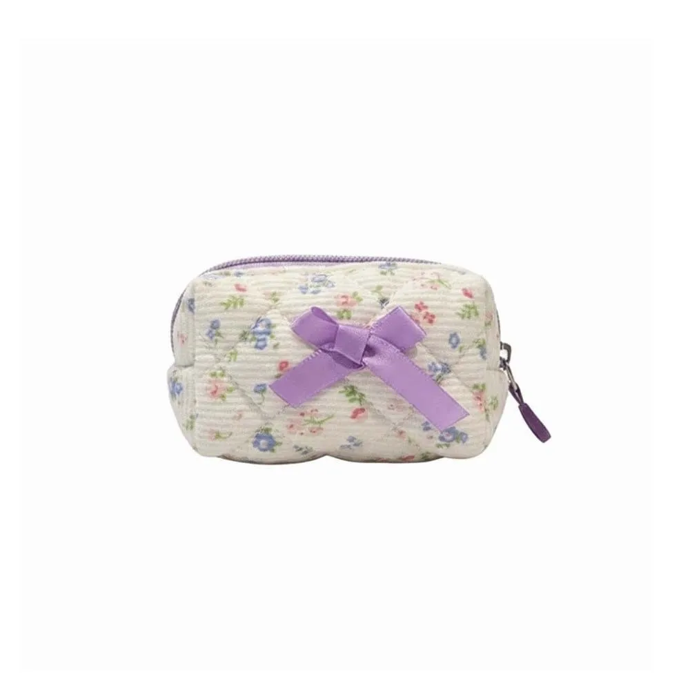 Embroidered Bowknot Mini Makeup Bag Floral Print Quilted Lattice Quilted Cosmetic Pouch Zipper Closure Compact Size