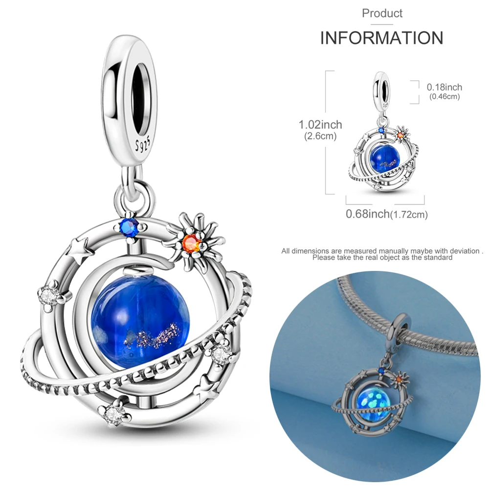 Indigo Blue 925 Sterling Silver Rotating Luminous Planet Pendant Fit Brand Bracelet Neutral Style Universe Enthusiast Jewelry
