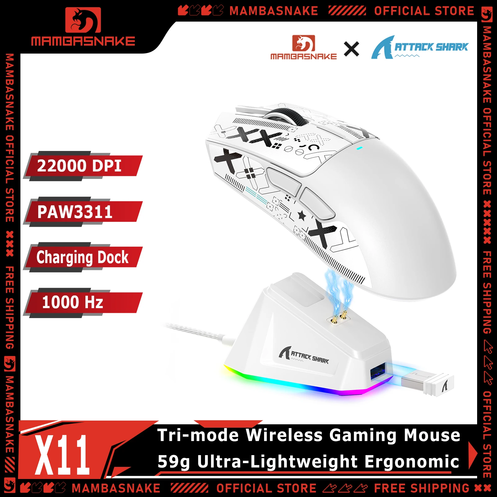 MAMBASNAKE X ATTACK SHARK X11 Tri-Mode 2.4G Wireless Gaming Mouse With RGB Charging Dock PAW3311 22000 DPI 59g 1000 Hz For PC