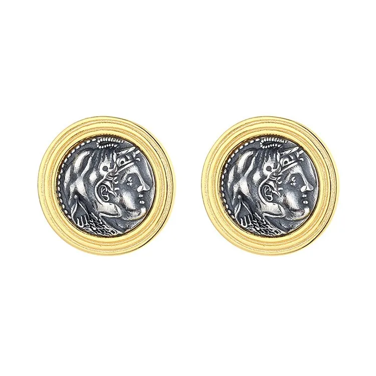 

DDXK-2 ZFSILVER S925 Silver Fashion High Quality Gold Retro Ancient Coins Great Alexander Earrings Jewelry Women Match-all Girls